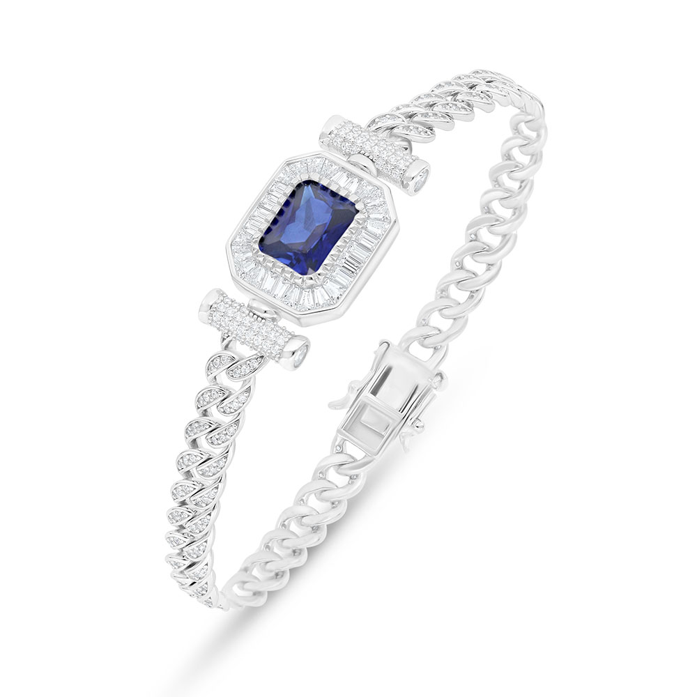 Sterling Silver 925 Bracelet Rhodium Plated Embedded With Sapphire Corundum And White Zircon