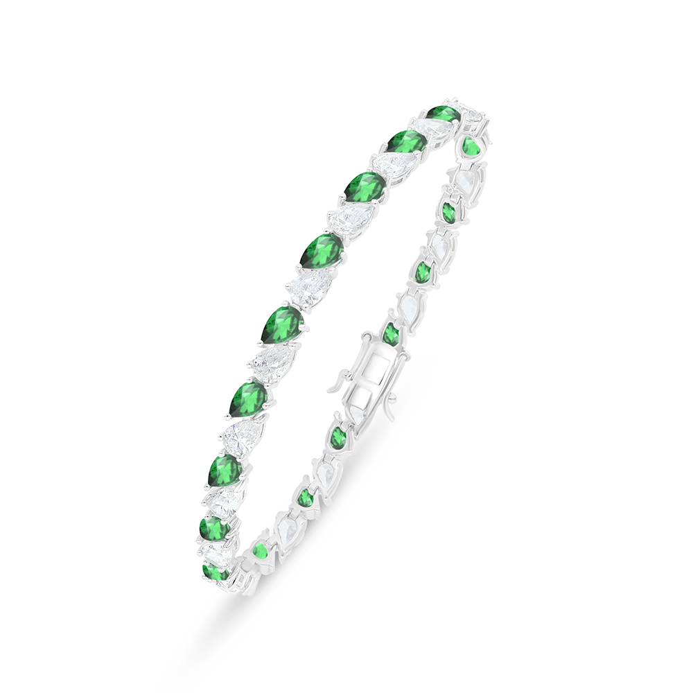 Sterling Silver 925 Bracelet Rhodium Plated Embedded With Emerald Zircon And White Zircon