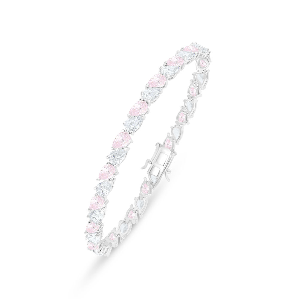 Sterling Silver 925 Bracelet Rhodium Plated Embedded With Pink Zircon And White Zircon