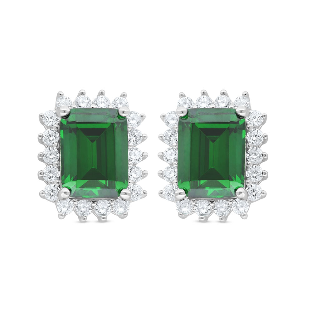 Sterling Silver 925 Earring Rhodium Plated Embedded With Emerald Zircon And White Zircon