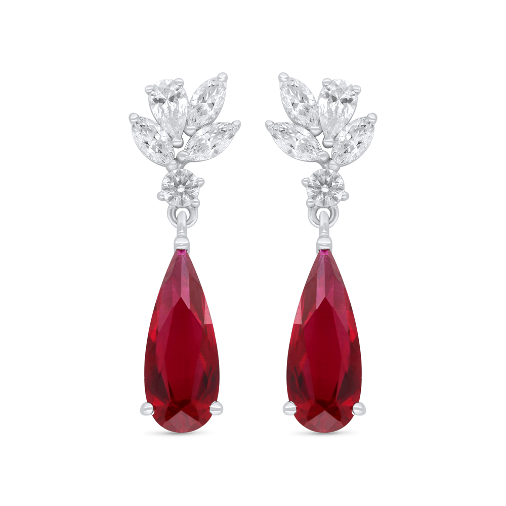 Sterling Silver 925 Earring Rhodium Plated Embedded With Ruby Corundum And White Zircon