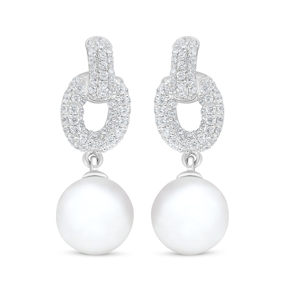 Sterling Silver 925 Earring Rhodium Plated Embedded With Natural White Pearl And White Shell