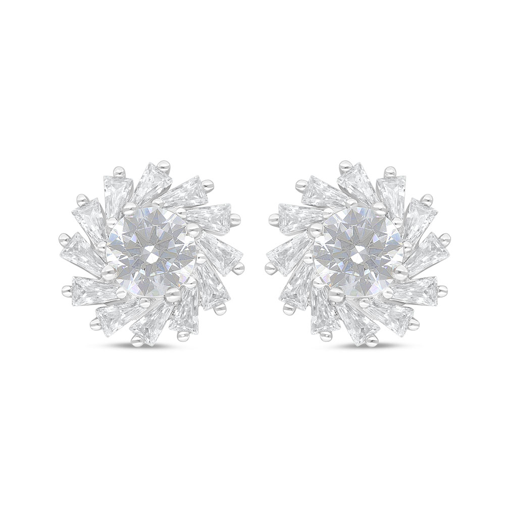 Sterling Silver 925 Earring Rhodium Plated Embedded With White Zircon