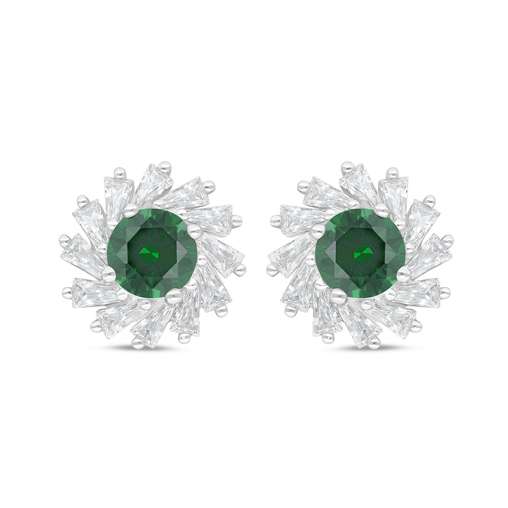 Sterling Silver 925 Earring Rhodium Plated Embedded With Emerald Zircon And White Zircon