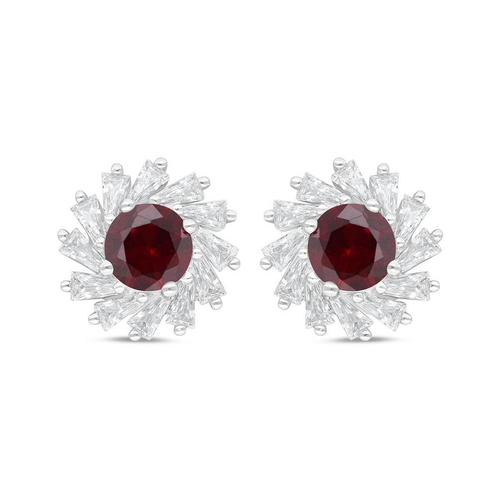 Sterling Silver 925 Earring Rhodium Plated Embedded With Ruby Corundum And White Zircon