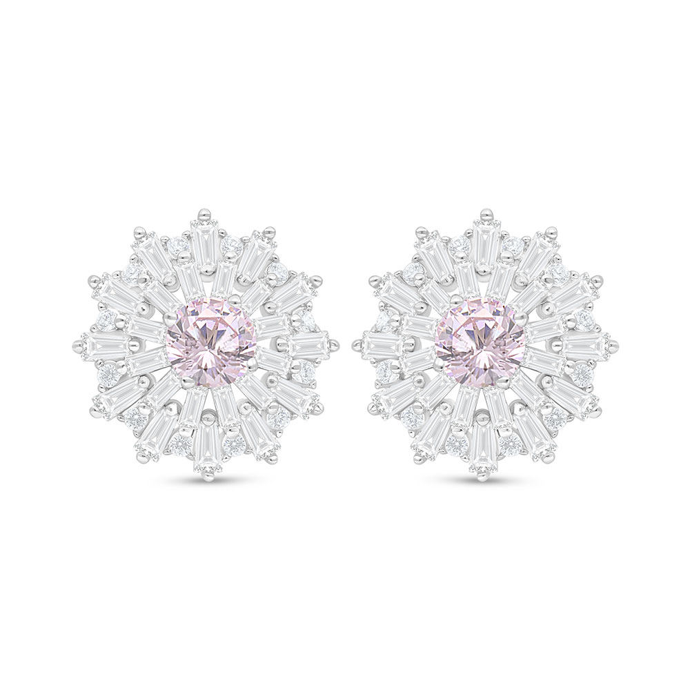 Sterling Silver 925 Earring Rhodium Plated Embedded With Pink Zircon And White Zircon