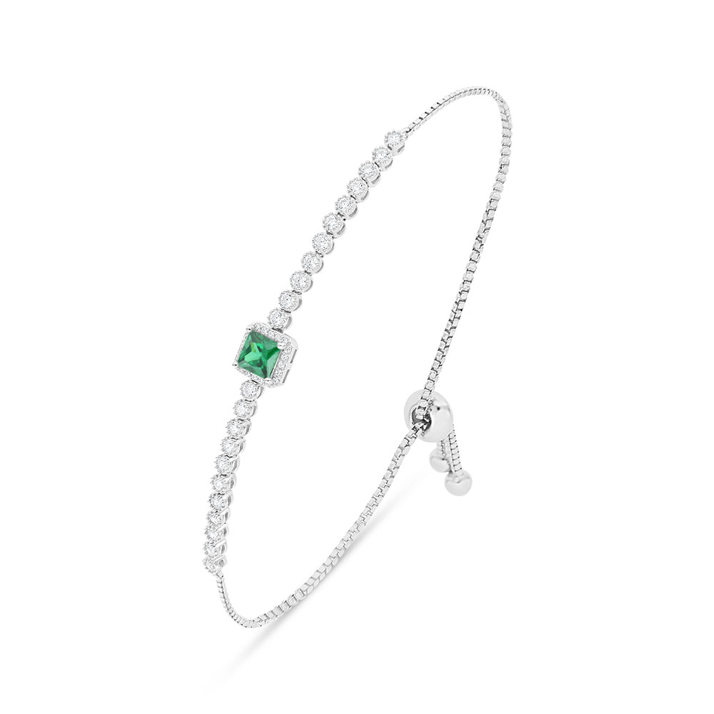 Sterling Silver 925 Bracelet Rhodium Plated Embedded With Emerald Zircon And White Zircon