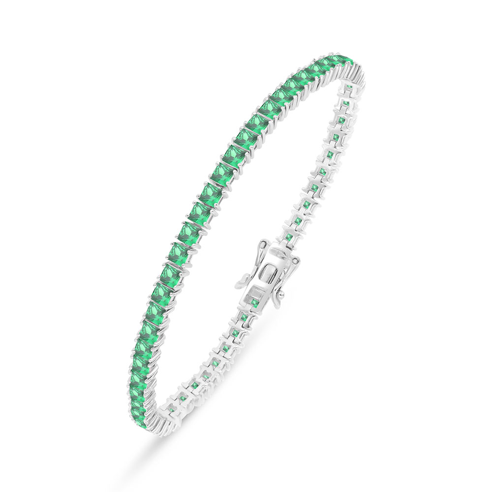 Sterling Silver 925 Bracelet Rhodium Plated Embedded With Emerald Zircon 