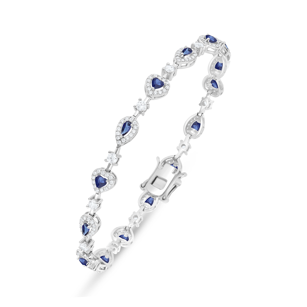 Sterling Silver 925 Bracelet Rhodium Plated Embedded With Sapphire Corundum And White Zircon