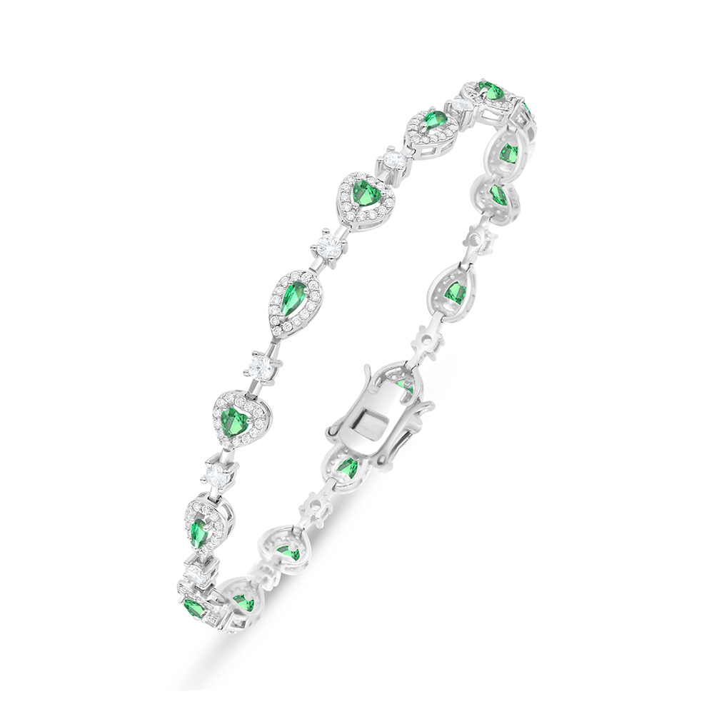 Sterling Silver 925 Bracelet Rhodium Plated Embedded With Emerald Zircon And White Zircon