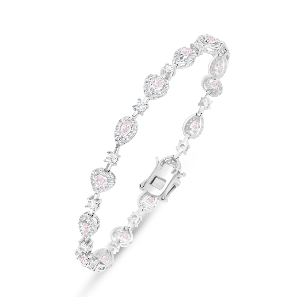 Sterling Silver 925 Bracelet Rhodium Plated Embedded With Pink Zircon And White Zircon