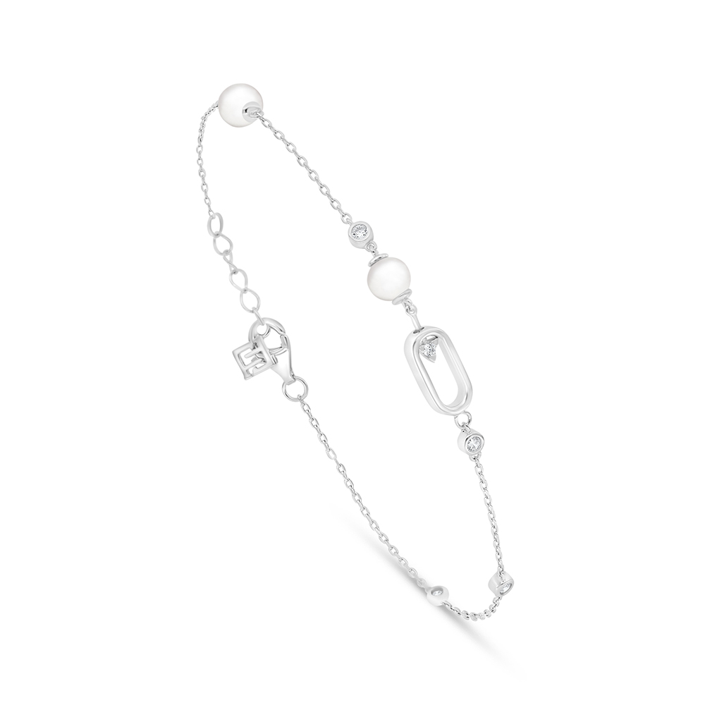 Sterling Silver 925 Bracelet Rhodium Plated Embedded With Natural White Pearl And White Zircon 