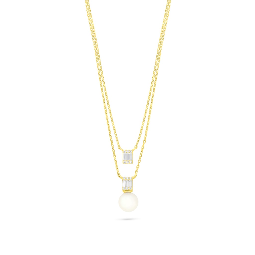 Sterling Silver 925 Necklace Golden Plated Embedded With Natural White Pearl And White Zircon 