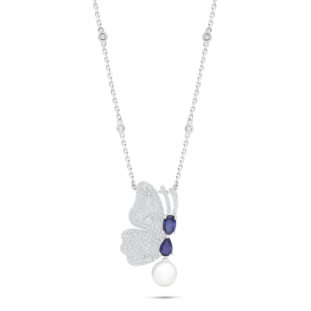 Sterling Silver 925 Necklace Rhodium Plated Embedded With Natural White Pearl And Sapphire Corundum And White Zircon