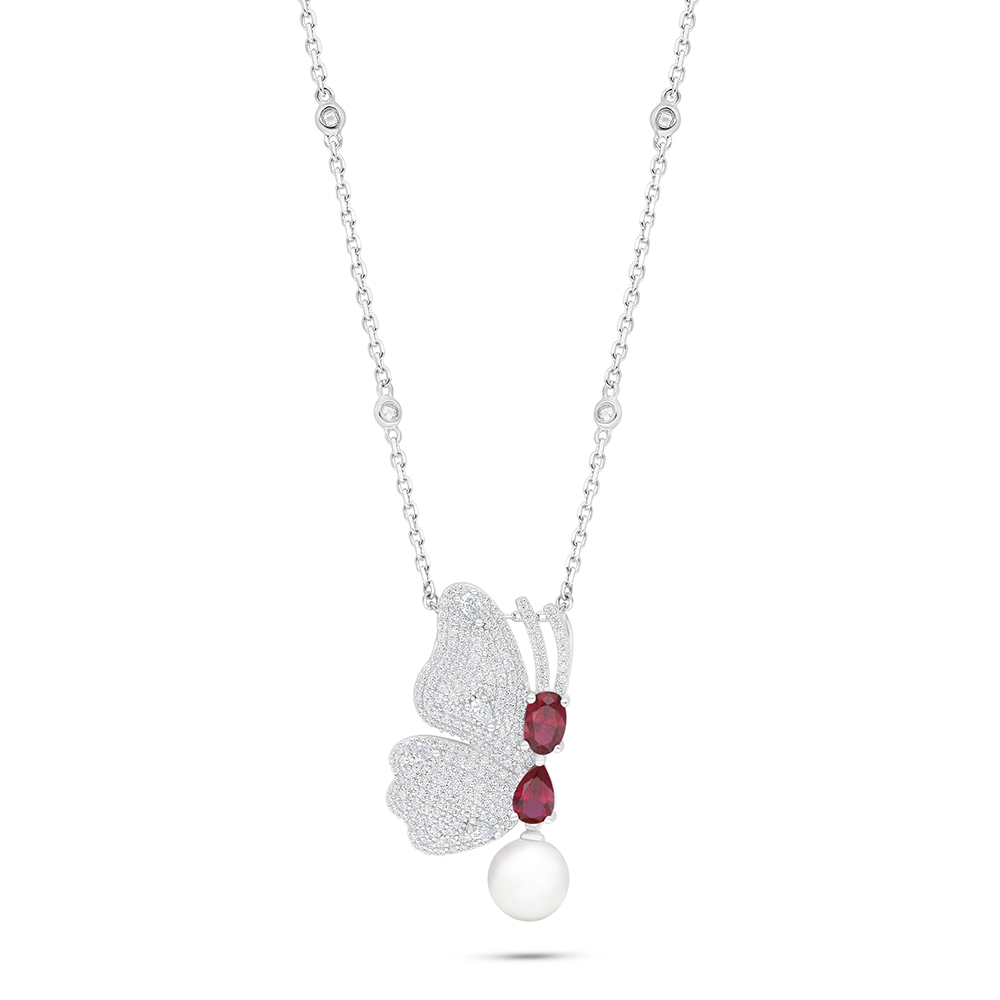 Sterling Silver 925 Necklace Rhodium Plated Embedded With Natural White Pearl And Ruby Corundum And White Zircon