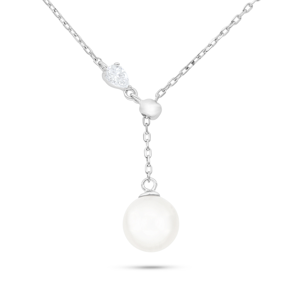 Sterling Silver 925 Necklace Rhodium Plated Embedded With Natural White Pearl And White Zircon