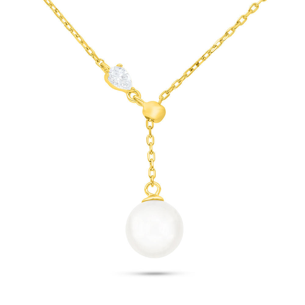 Sterling Silver 925 Necklace Golden Plated Embedded With Natural White Pearl And White Zircon