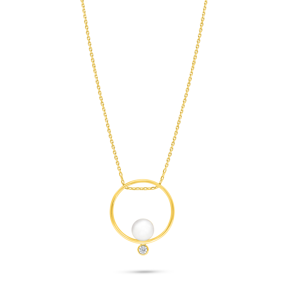 Sterling Silver 925 Necklace Golden Plated Embedded With Natural White Pearl And White Zircon 