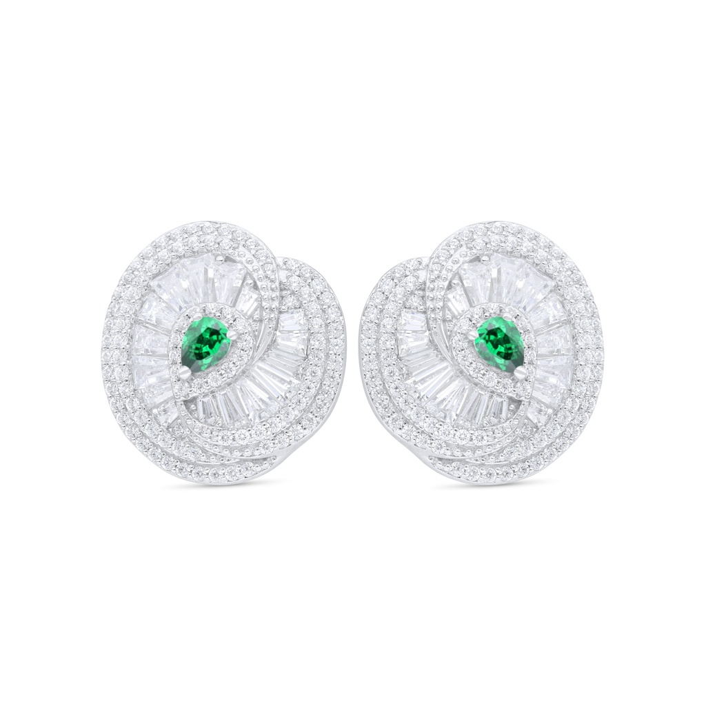 Sterling Silver 925 Earring Rhodium Plated Embedded With Emerald Zircon And White Zircon