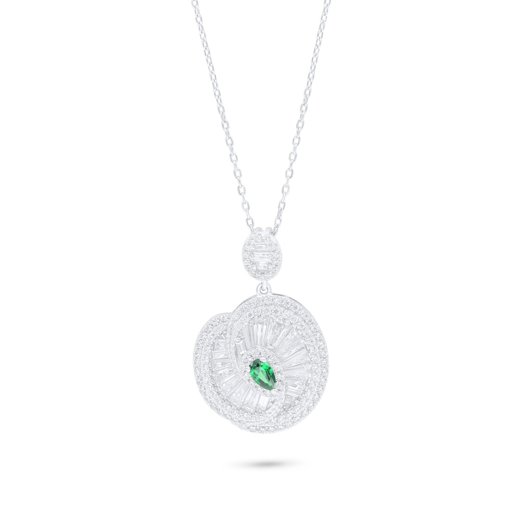 Sterling Silver 925 Necklace Rhodium Plated Embedded With Emerald Zircon And White Zircon