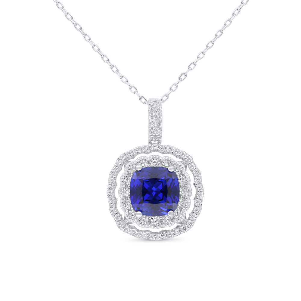 Sterling Silver 925 Necklace Rhodium Plated Embedded With Sapphire Corundum And White Zircon