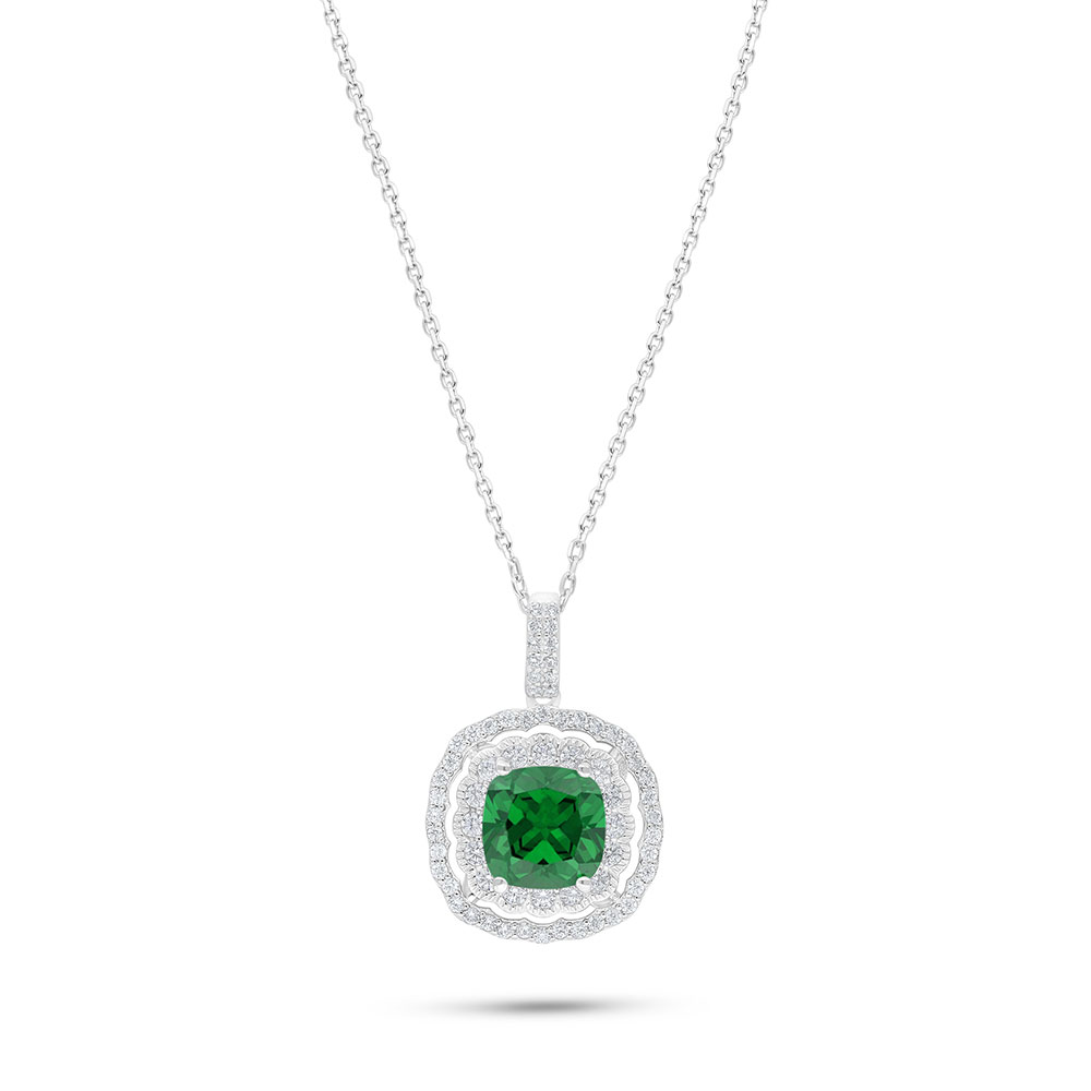 Sterling Silver 925 Necklace Rhodium Plated Embedded With Emerald Zircon And White Zircon