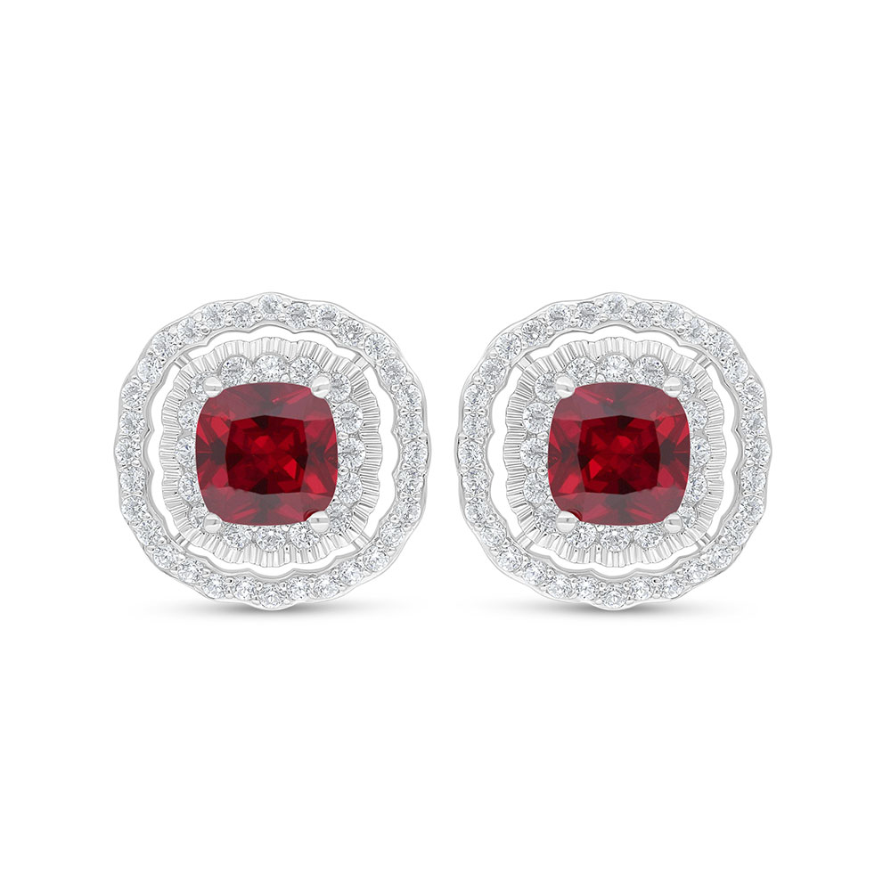 Sterling Silver 925 Earring Rhodium Plated Embedded With Ruby Corundum And White Zircon