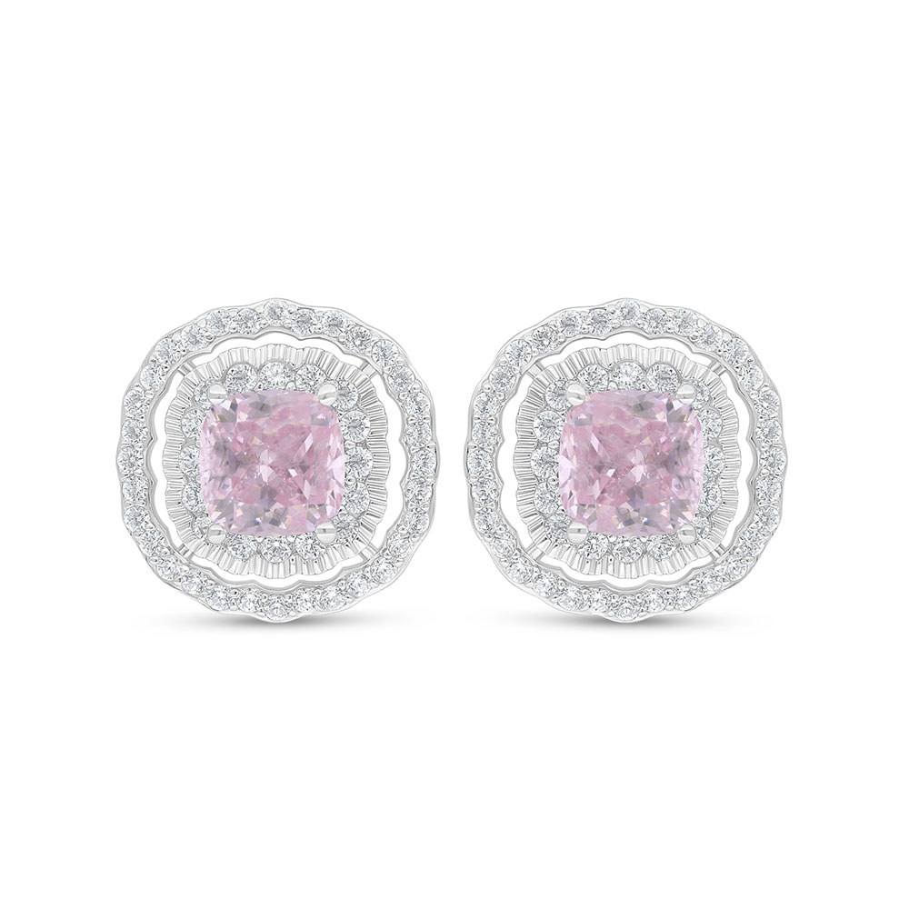 Sterling Silver 925 Earring Rhodium Plated Embedded With Pink Zircon And White Zircon