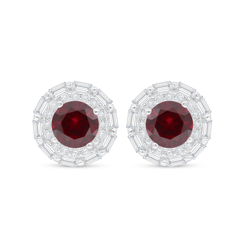 Sterling Silver 925 Earring Rhodium Plated Embedded With Ruby Corundum And White Zircon