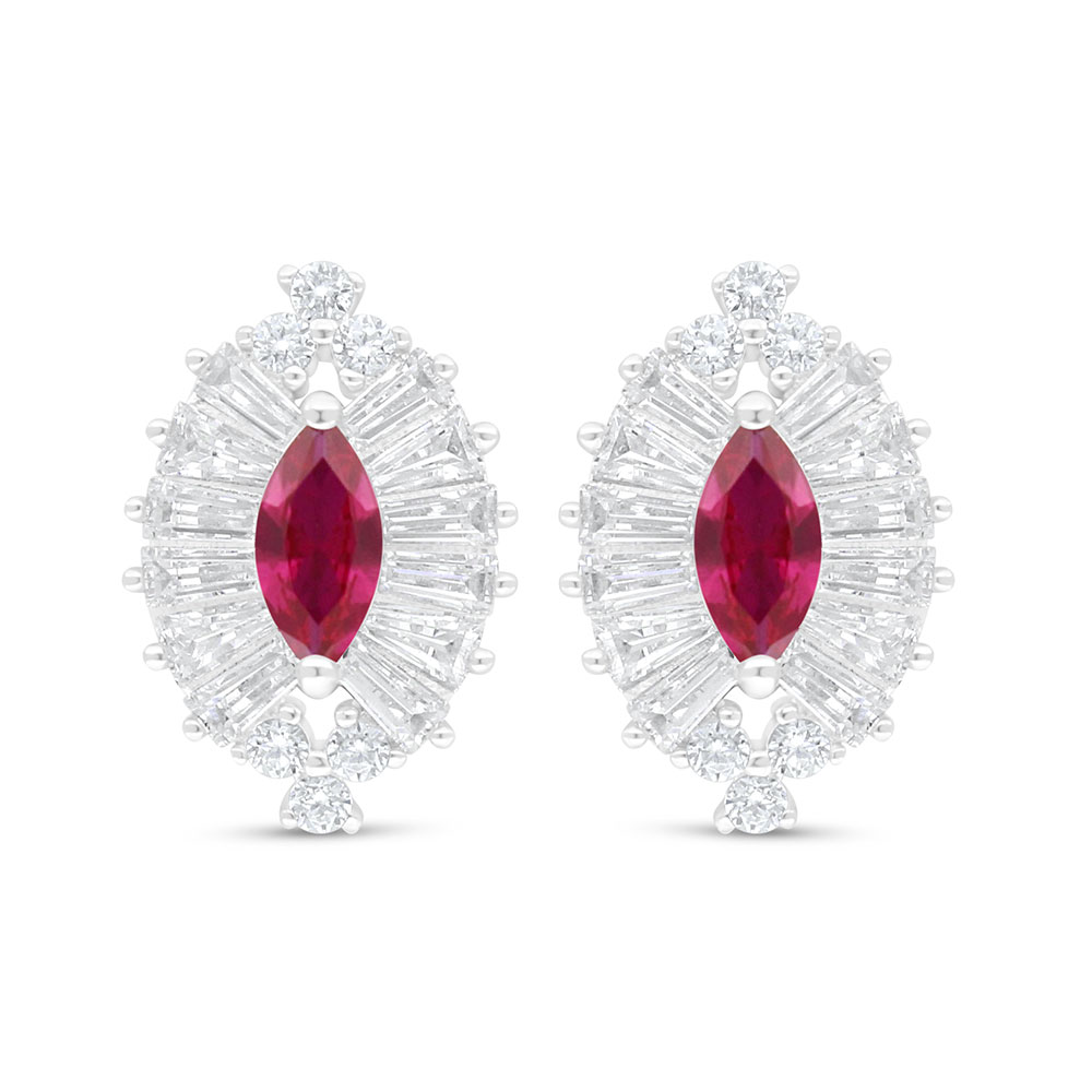 Sterling Silver 925 Earring Rhodium Plated Embedded With Ruby Corundum And White Zircon