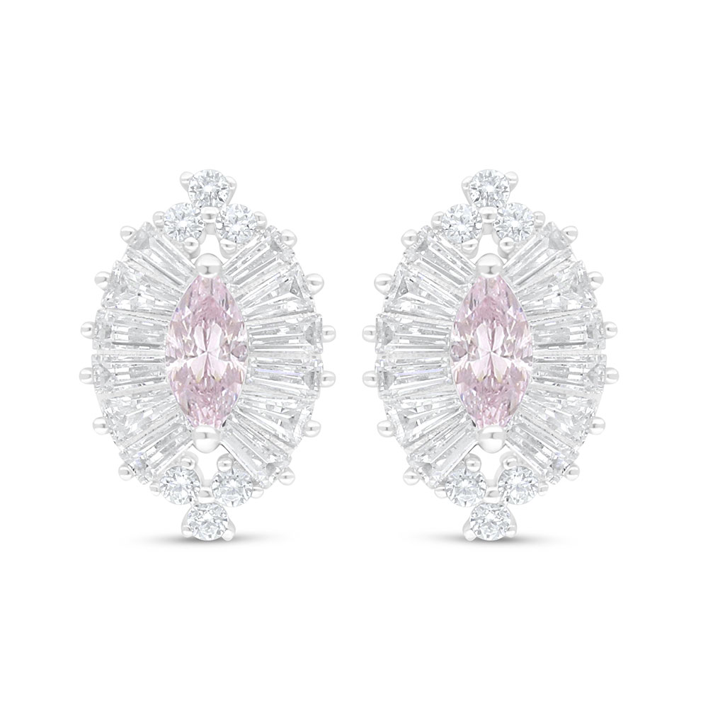 Sterling Silver 925 Earring Rhodium Plated Embedded With Pink Zircon And White Zircon