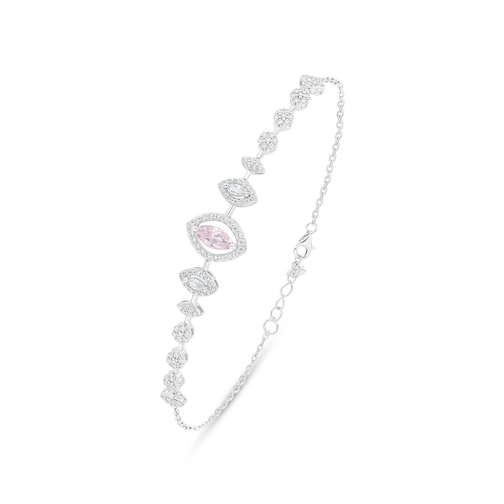 Sterling Silver 925 Bracelet Rhodium Plated Embedded With Pink Zircon And White Zircon