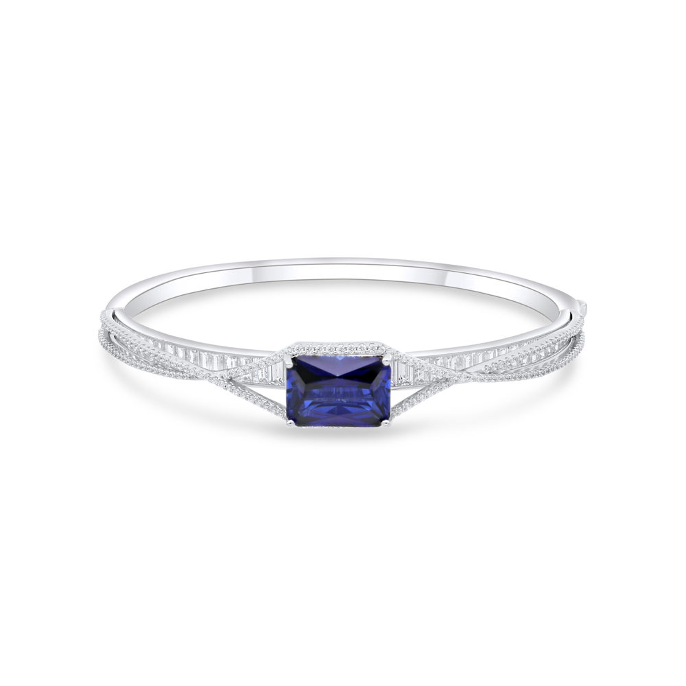 Sterling Silver 925 Bangle Rhodium Plated Embedded With Sapphire Corundum And White Zircon