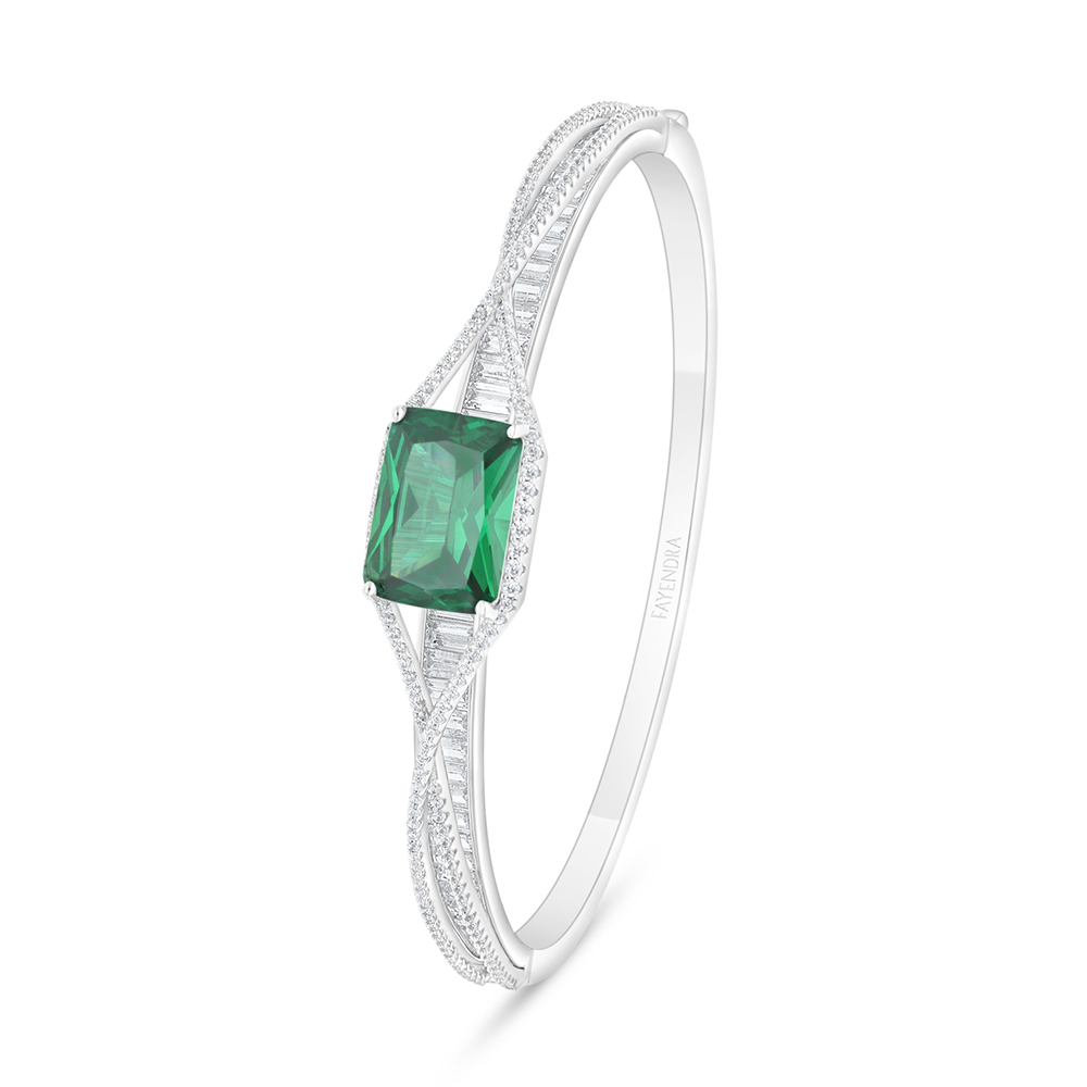 Sterling Silver 925 Bangle Rhodium Plated Embedded With Emerald Zircon And White Zircon