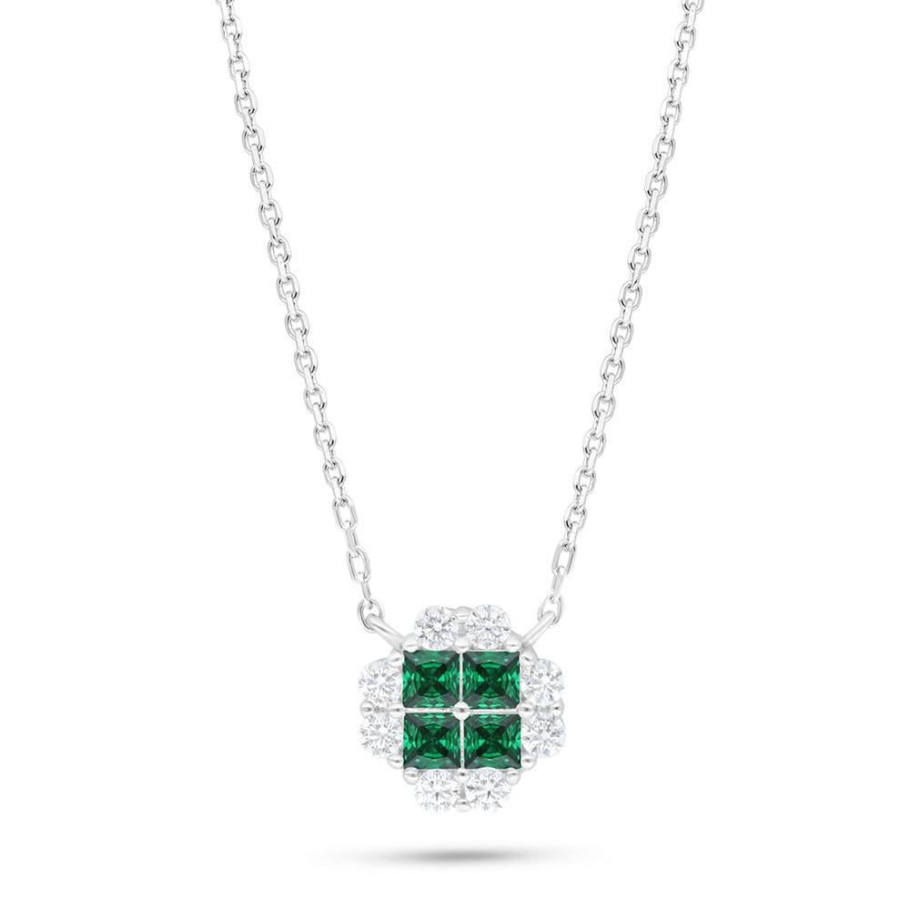 Sterling Silver 925 Necklace Rhodium Plated Embedded With Emerald Zircon And White Zircon