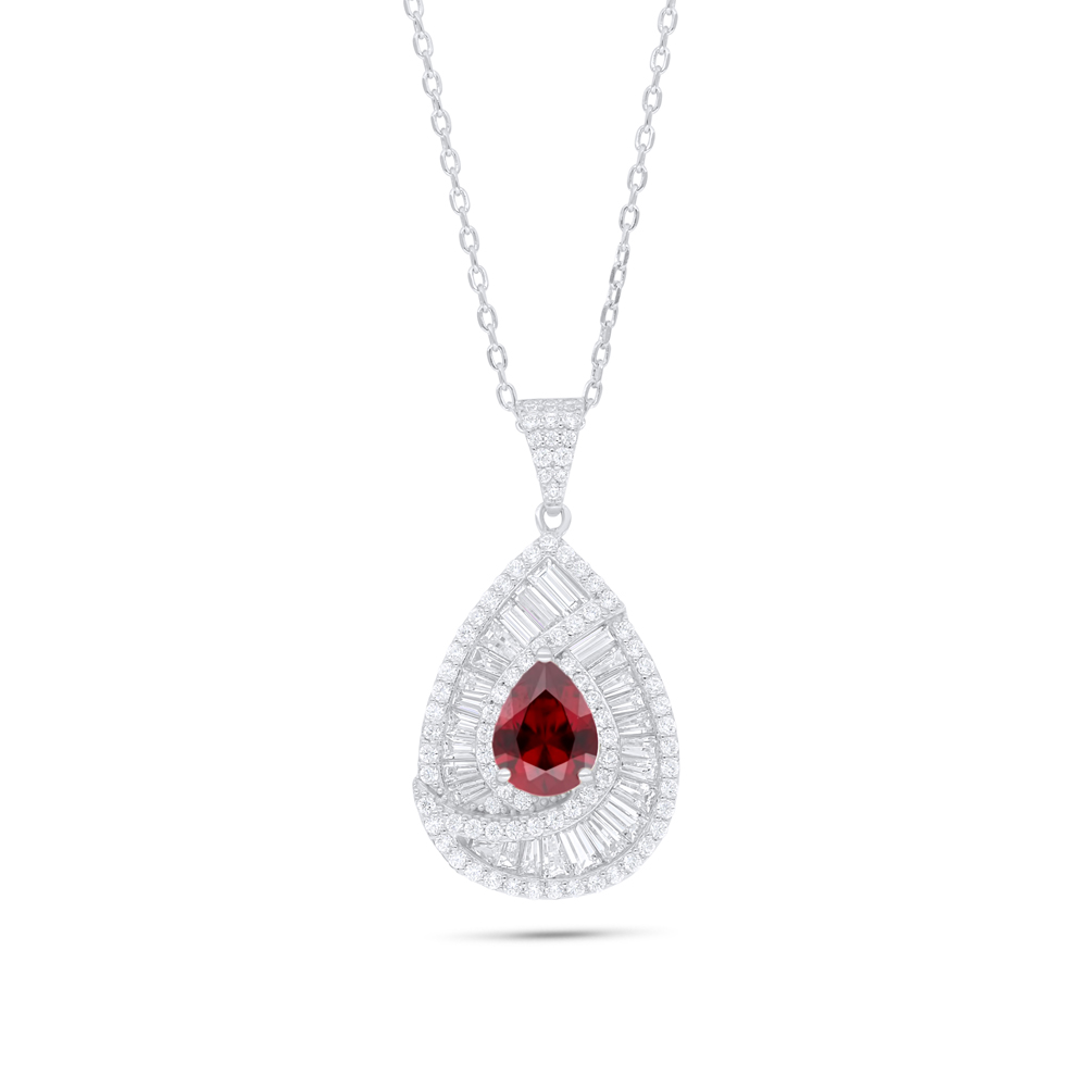 Sterling Silver 925 Necklace Rhodium Plated Embedded With Ruby Corundum And White Zircon