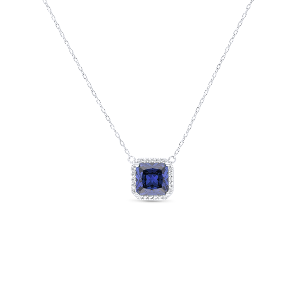 Sterling Silver 925 Necklace Rhodium Plated Embedded With Sapphire Corundum And White Zircon