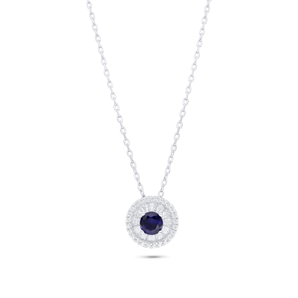 Sterling Silver 925 Necklace Rhodium Plated Embedded With Sapphire Corundum And White Zircon