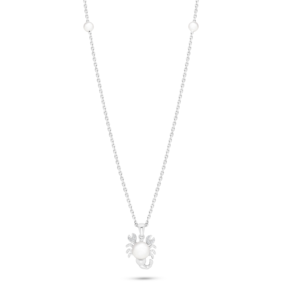 Sterling Silver 925 Necklace Rhodium Plated Embedded With Natural White Pearl And White Zircon 