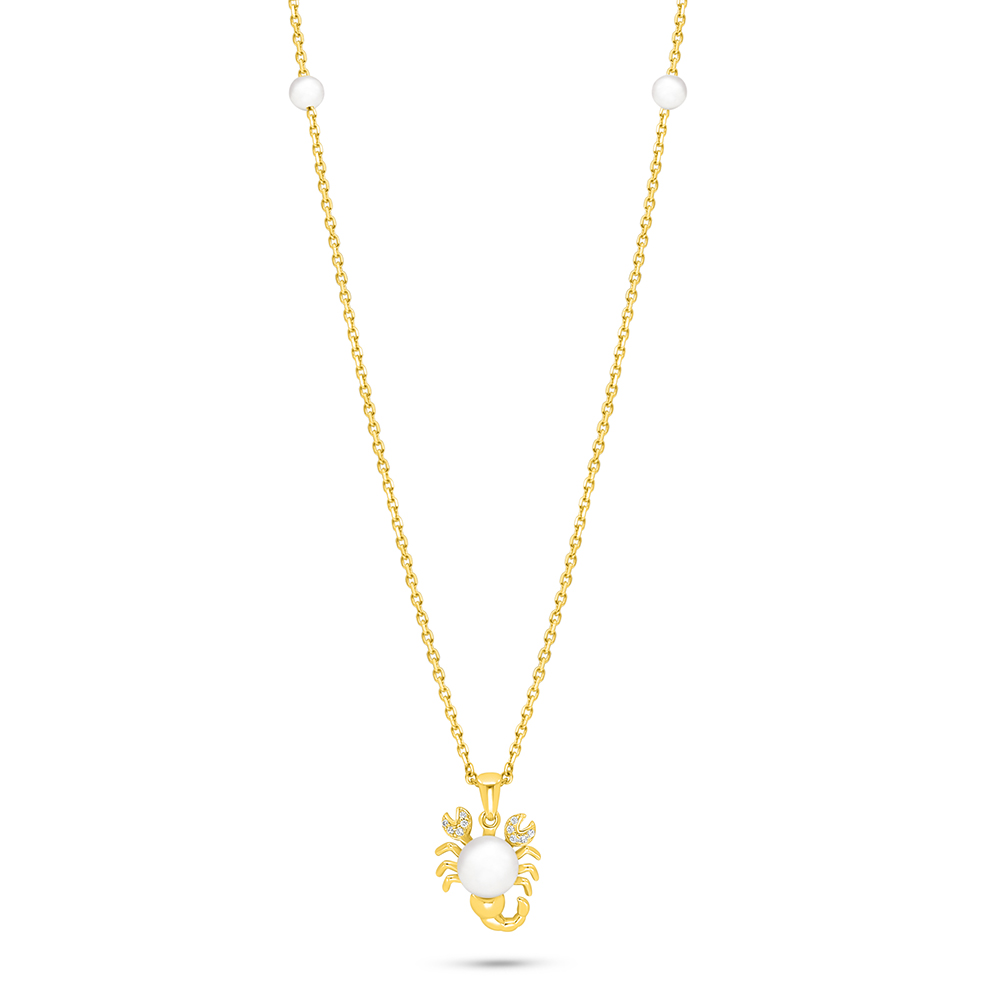 Sterling Silver 925 Necklace Golden Plated Embedded With Natural White Pearl And White Zircon 