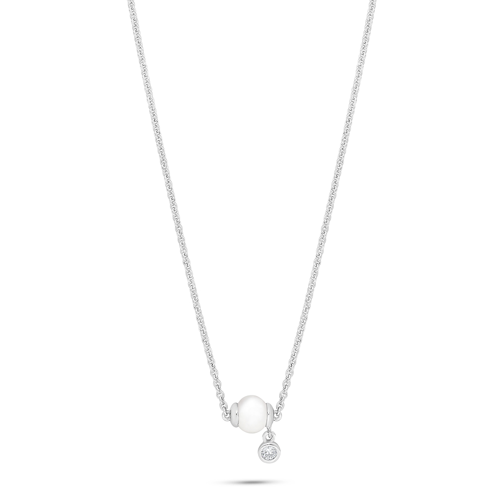 Sterling Silver 925 Necklace Rhodium Plated Embedded With Natural White Pearl And White Zircon 