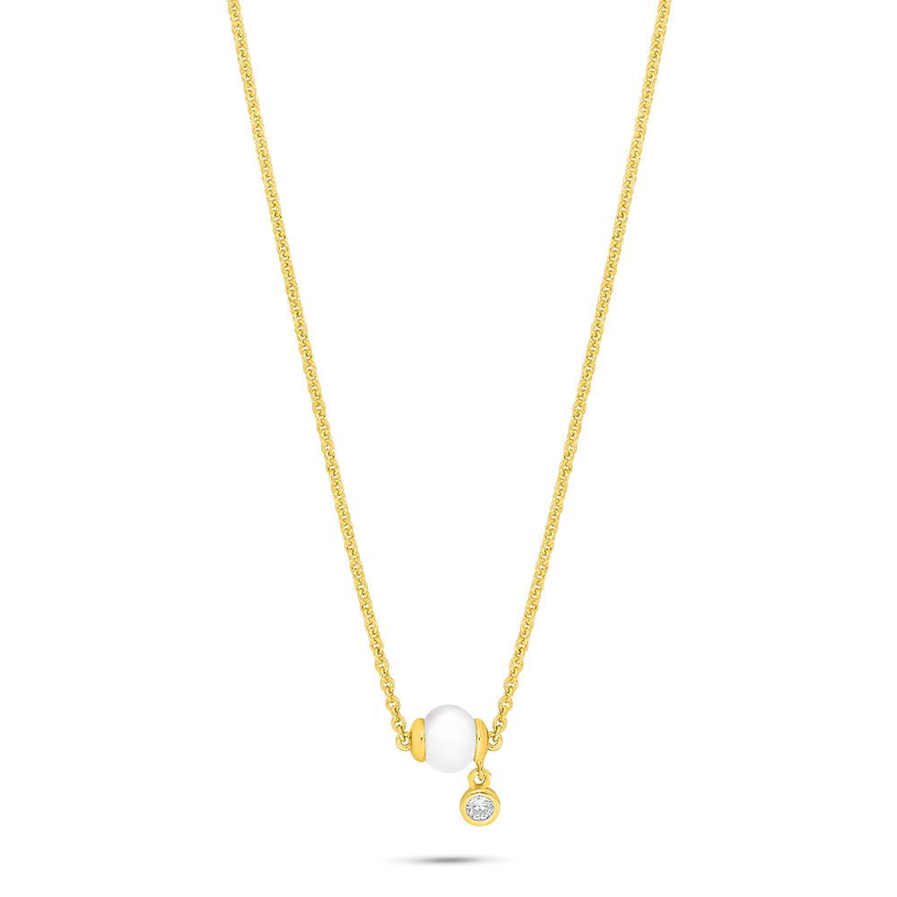 Sterling Silver 925 Necklace Golden Plated Embedded With Natural White Pearl And White Zircon 