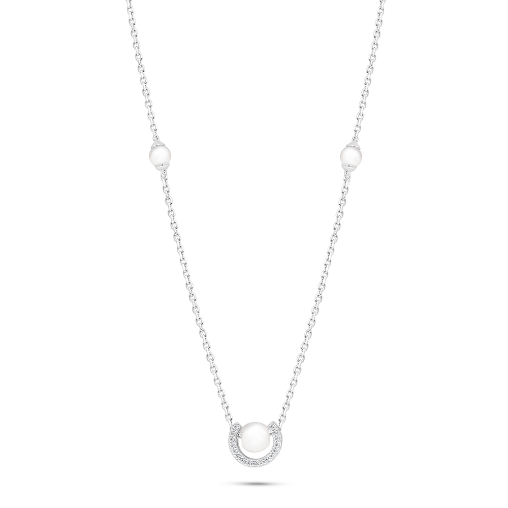 Sterling Silver 925 Necklace Rhodium Plated Embedded With Natural White Pearl And White Zircon 