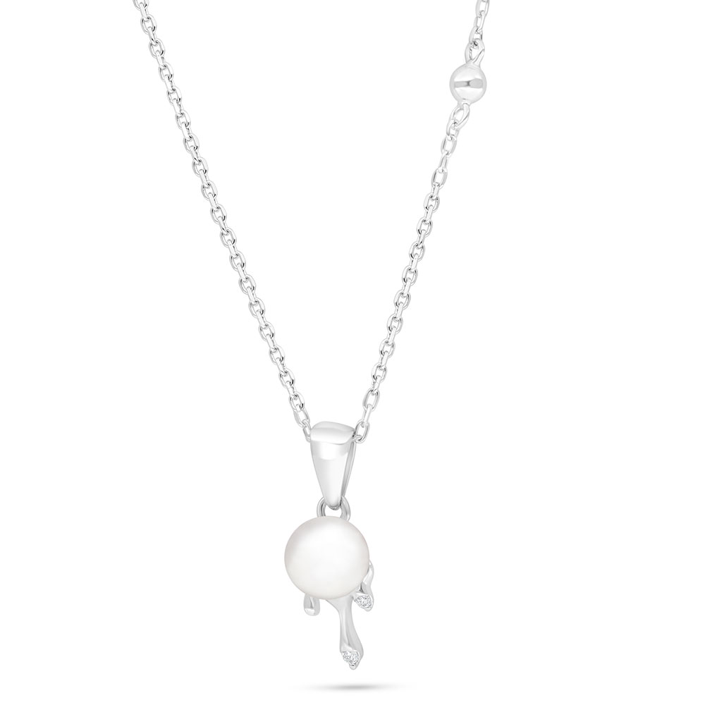 Sterling Silver 925 Necklace Rhodium Plated Embedded With Natural White Pearl And White Zircon