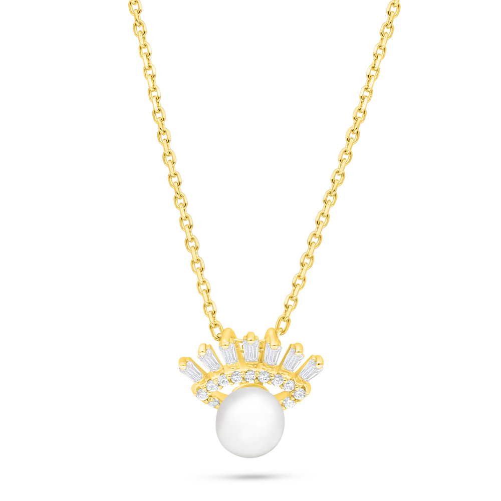 Sterling Silver 925 Necklace Golden Plated Embedded With Natural White Pearl And White Zircon