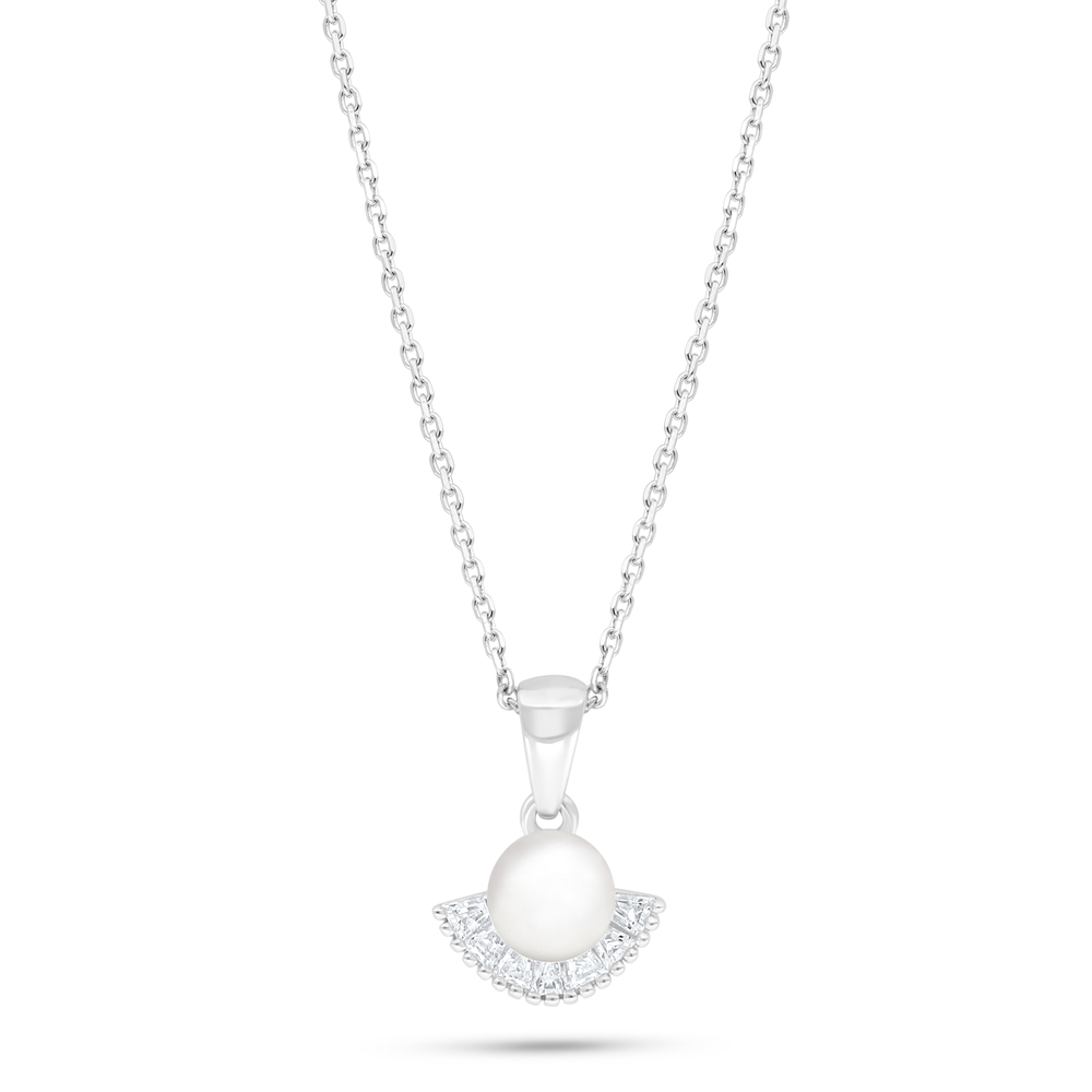 Sterling Silver 925 Necklace Rhodium Plated Embedded With Natural White Pearl And White Zircon