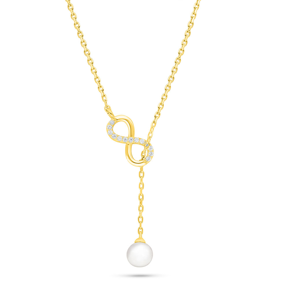 Sterling Silver 925 Necklace Golden Plated Embedded With Natural White Pearl And White Zircon