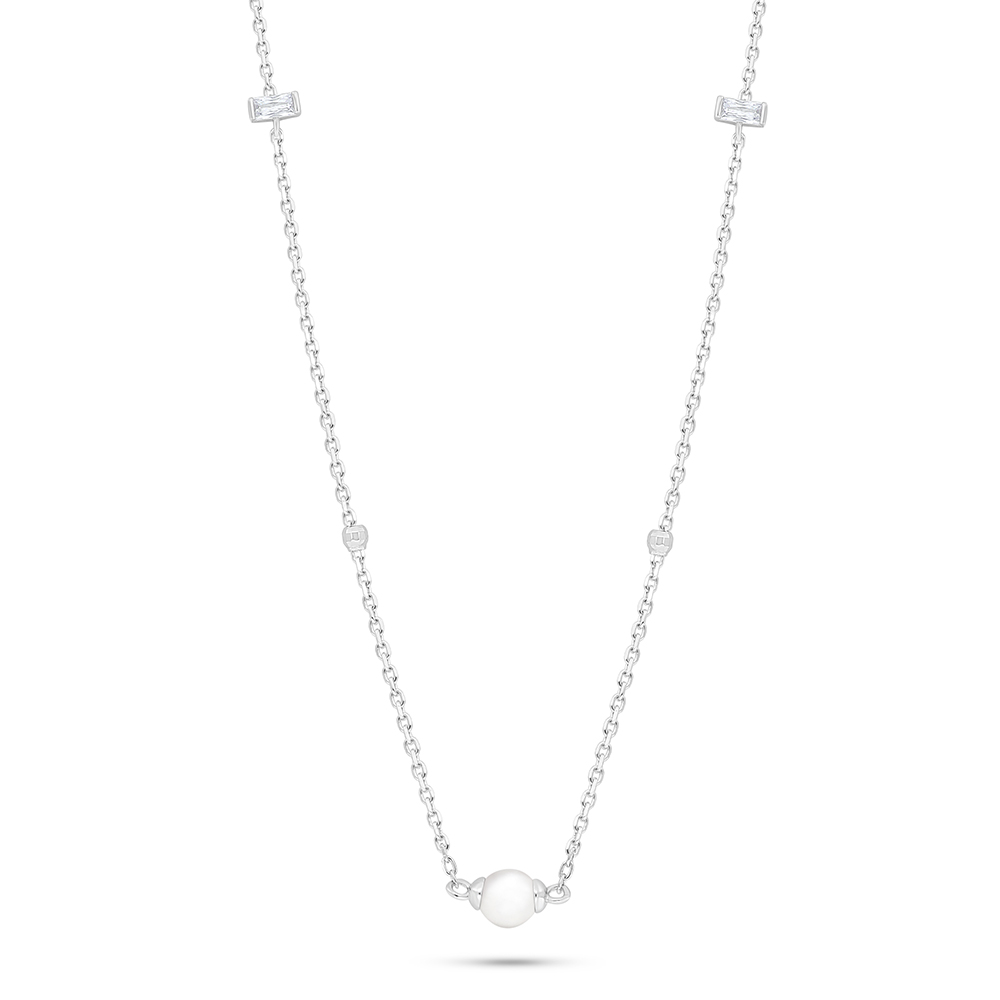 Sterling Silver 925 Necklace Rhodium Plated Embedded With Natural White Pearl And White Zircon 