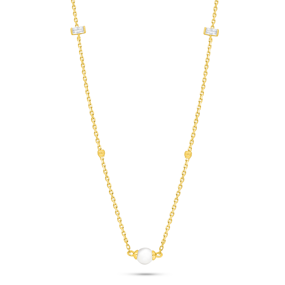 Sterling Silver 925 Necklace Golden Plated Embedded With Natural White Pearl And White Zircon 