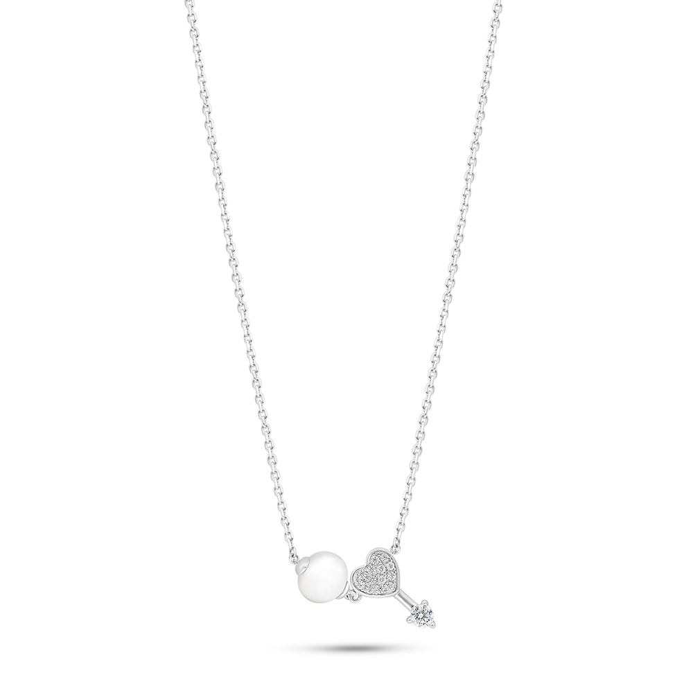 Sterling Silver 925 Necklace Rhodium Plated Embedded With Natural White Pearl And White Zircon 